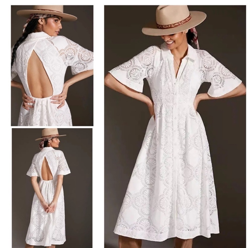 Anthropologie Maeve Eyelet Shirtdress Lace Cut Out Back Midi Dress 4